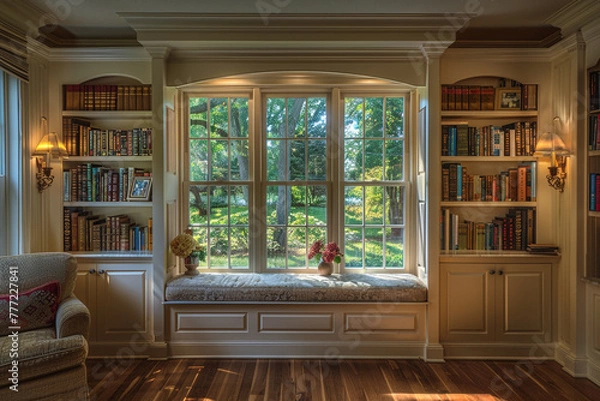 Fototapeta Reading nook adorned with built-in bookshelves and a cozy window seat for relaxation.