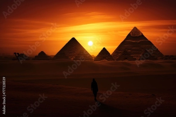 Obraz Silhouette of a person against the rising sun and the pyramids.