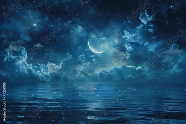 Fototapeta Ramadan Kareem background with crescent  stars  glowing clouds above serene sea.