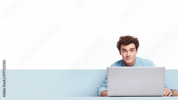 Obraz Gesture of sitting at the desk with laptop and books in the room