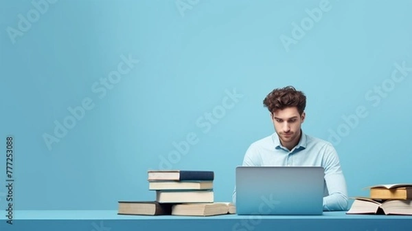 Obraz A student or scientist sits at a table with a laptop and books, and studies or reads. Banner on a plain background with a place to insert text.