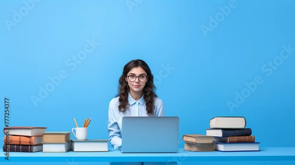 Obraz Girl student sitting at a table with a laptop and books