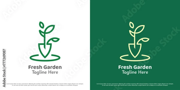 Fototapeta Shovel leaf plant logo design illustration. Linear tree foliage park garden green evergreen bio land lawn  fresh seed petal grow foliage. Simple minimal minimalist modern abstract nature icon symbol.