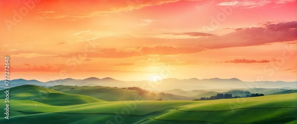 Fototapeta for advertisement and banner as Sunset Vista A sweeping watercolor vista of the sun setting over rolling hills. in watercolor landscape theme theme ,Full depth of field, high quality ,include copy spa