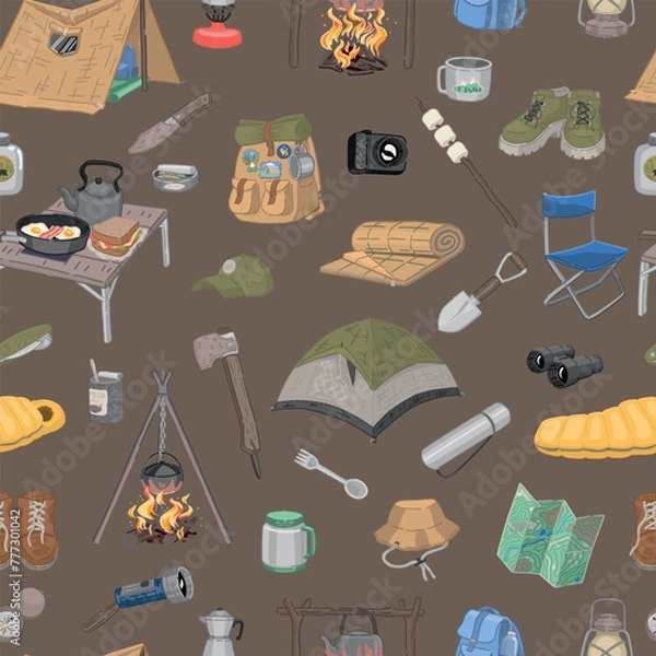 Obraz Camping seamless pattern. Ornament of outdoor adventure, hiking equipment, journey supply. Vector design in cartoon style.