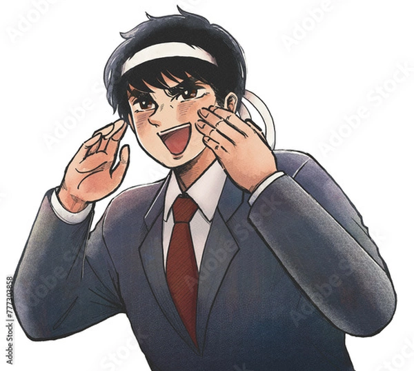 Obraz 転職応援！ハチマキを巻いて大声を出すサラリーマンの漫画風イラスト
