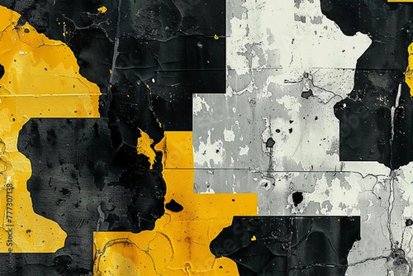Fototapeta Create a flat vector graphic inspired by both shabby walls and military camouflage, featuring multiple bright yellow color accents alongside achromatic colors such as white, black, and concrete. Blend