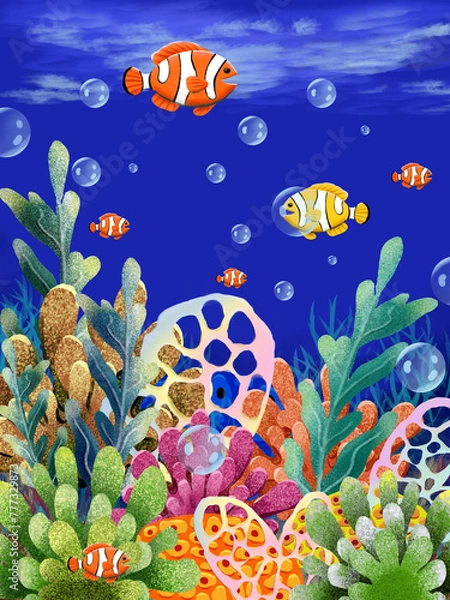Obraz Digital illustration on a graphics tablet of the underwater world with orange tropical fish, colorful corals and algae (This illustration was drawn by hand without the use of generative AI!)