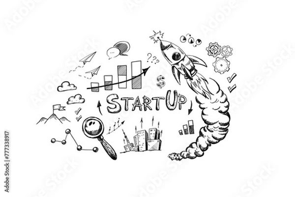 Fototapeta Hand-drawn startup concept illustration with a rocket, graphs, and creative elements, set against a white background