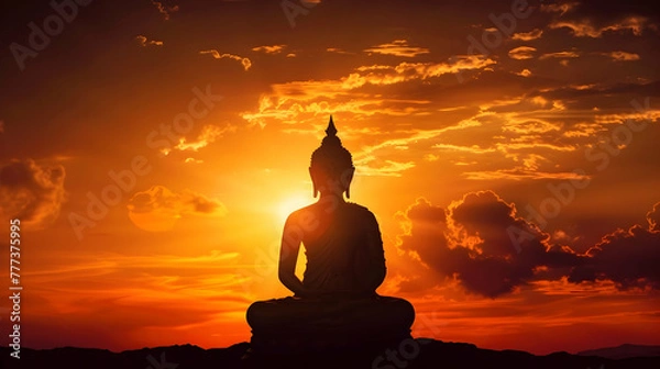 Fototapeta  Vesak day banner with copy space, silhouette of buddha against the background of clouds illuminated by the dawn sun with space for text