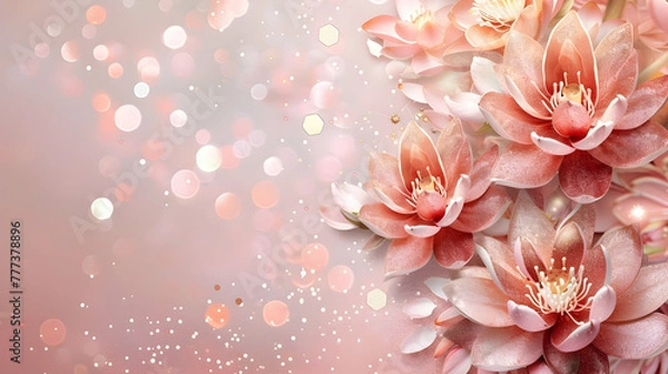 Fototapeta close-up of pink lotus on pink background with glitter and bokeh top view and copy space