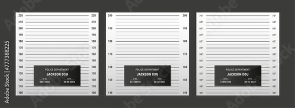Fototapeta Police mugshot template. Vector background set of police lineup (centimeter scale and inch unit) or mugshot board with text signs for criminals photo. Criminal height wall. Identification frame