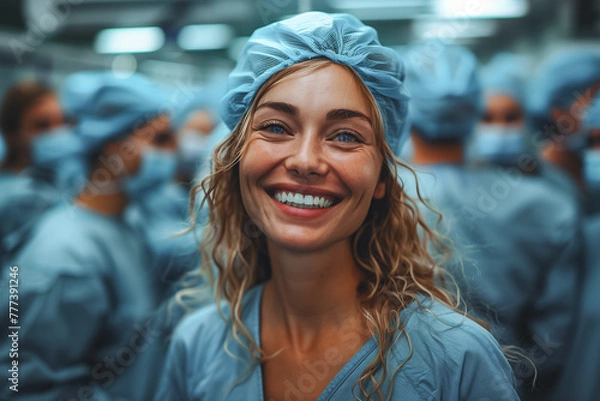 Fototapeta Smiling Woman in Scrubs Leading Doctors Team