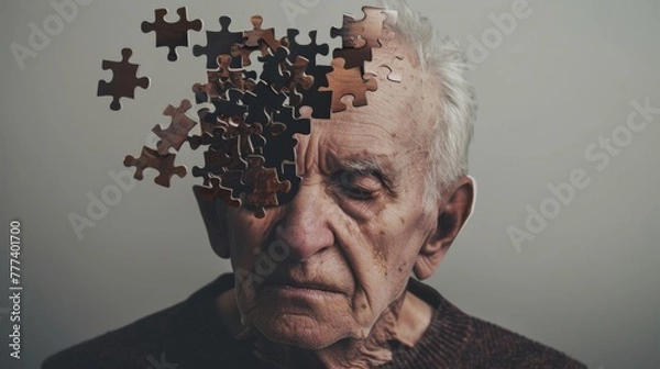 Fototapeta Human head made of disintegrating puzzle pieces, symbolizing the fragmentation of memory and identity in Alzheimers disease