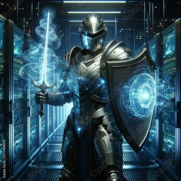 Fototapeta Futuristic Warrior with Energy Sword Guarding a High-Tech Computer Array