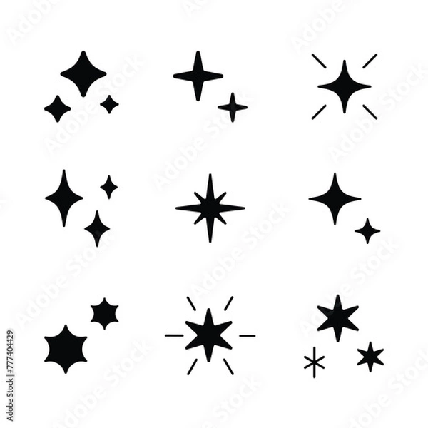 Fototapeta Sparkle vector silhouette set. Star icon flat design element. Bright firework decoration twinkle, flash. Glowing light effect and burst collection.