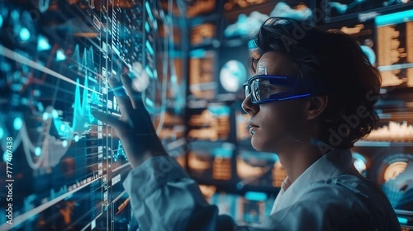 Fototapeta Businessman Activating Data Analysis in a Virtual Space with Stock Market Hologram.