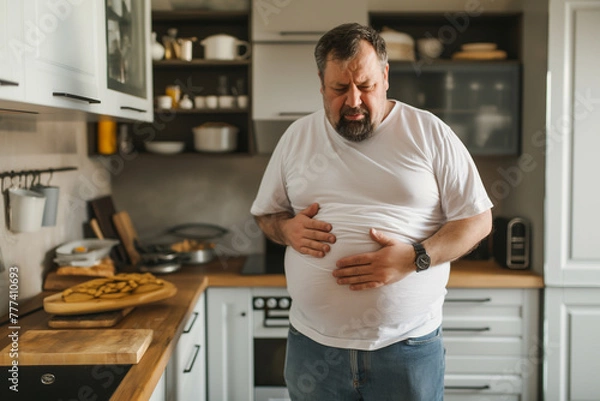 Obraz A man who is overweight is standing in the kitchen and has stomach pains or abdominal pain and rubs his stomach in pain with his hands