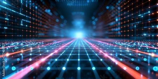 Fototapeta A computer generated image of a futuristic cityscape with a bright blue sky