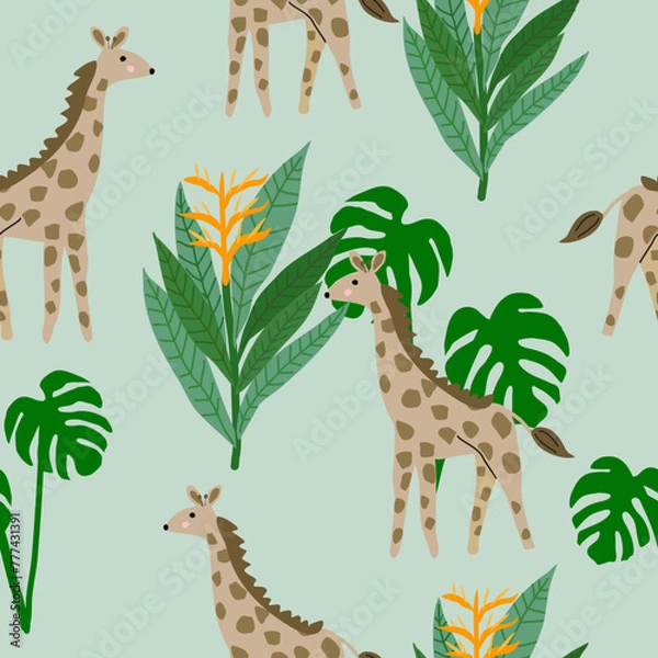 Obraz Seamless giraffe pattern with montera and heliconia on green background, used for wallpaper, textiles and prints.