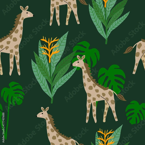 Obraz Seamless giraffe pattern with montera and heliconia on green background, used for wallpaper, textiles and prints.