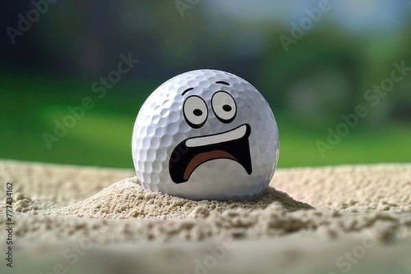 Fototapeta Funny but unhappy golf ball character stuck in a bunker/sand trap on a golf course.
