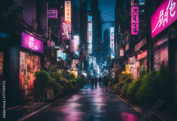 Fototapeta A night of the neon street at the downtown in Shinjuku Tokyo wide shot