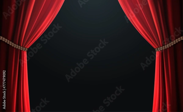 Fototapeta Vector Premium red curtains in theater or opera. Dark red curtain scene gracefully for text. Elegance vector backdrop for poster. Classic podium