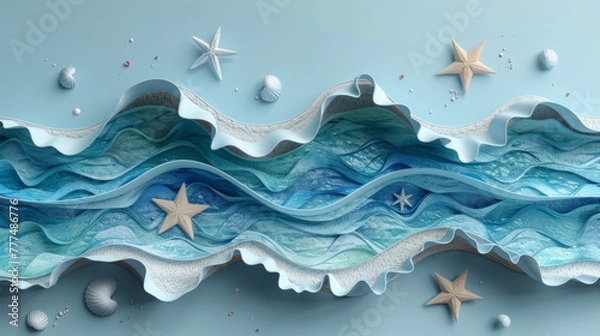 Obraz Abstract blue sea and beach summer background with paper waves and seacoast for banner, invitation, poster or web site design. Paper cut style, 3d effect imitation, space for text, vector illustration