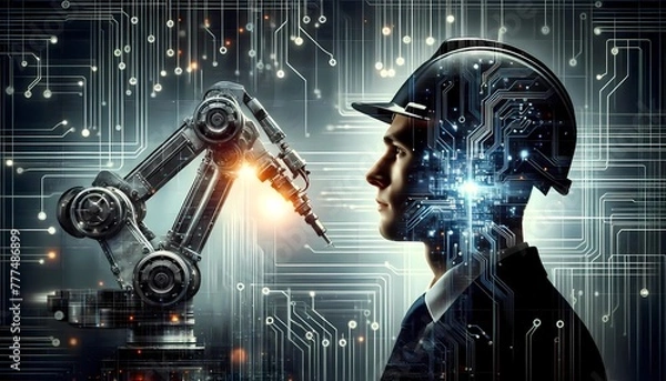 Fototapeta Engineering wearing safety helmet with arm robot in manufacturing and technology background