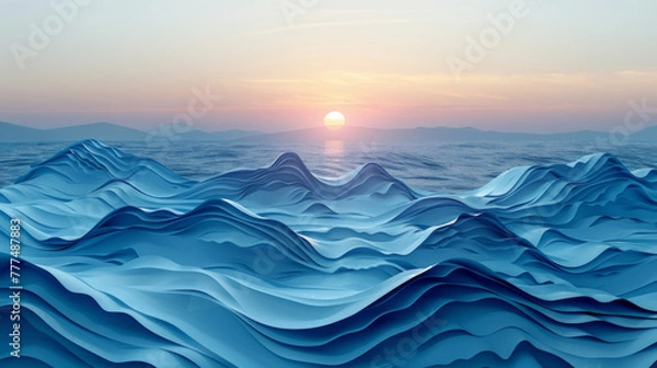 Obraz Abstract blue sea and beach summer background with paper waves and seacoast for banner, invitation, poster or web site design. Paper cut style, 3d effect imitation, space for text, vector illustration