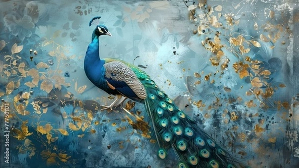 Obraz An artistic background featuring the majestic peacock, its iridescent plumage depicted with golden brushstrokes against a textured backdrop reminiscent of oil paintings. 

