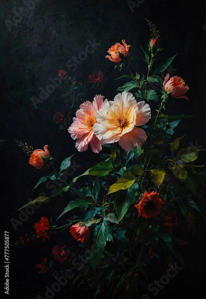 Fototapeta Still life painting with abstract colorful flowers, modern impressionism style. Generative AI