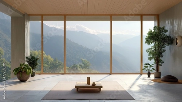 Fototapeta illustration of a minimalist yoga studio with panoramic windows overlooking mountains, serene selfcare scene