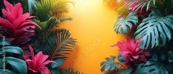 Fototapeta   A group of plants arranged beside one another against a yellow backdrop, with a yellow wall in the background