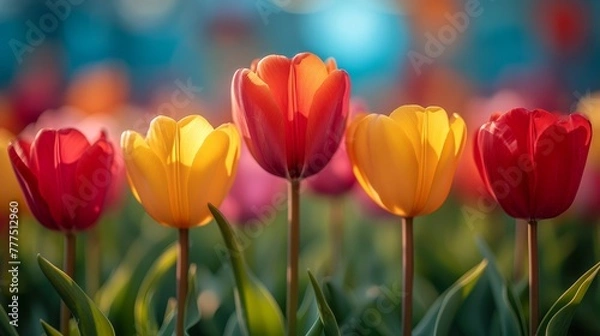 Fototapeta   A field of green and yellow tulips with a group of red, pink among them