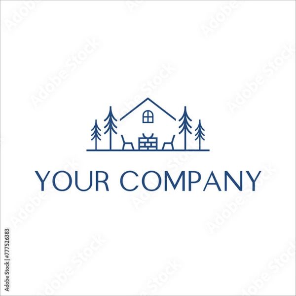 Fototapeta Minimal house home with tree and camp fire minimal line logo