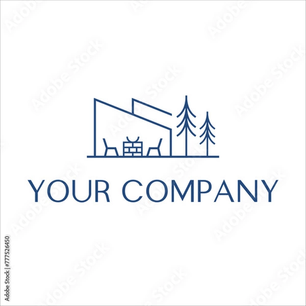Fototapeta Minimal house home with tree and camp fire minimal line logo