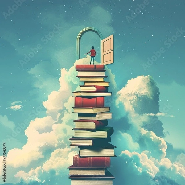 Fototapeta Minimalist design showing a character stepping up a stack of books towards a door in the sky, pathway to success.