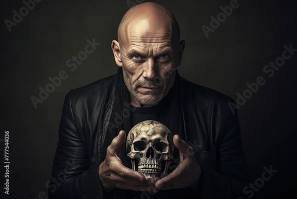 Fototapeta Poetic Reverie: Middle-Aged Bard Contemplating Mortality with Human Skull