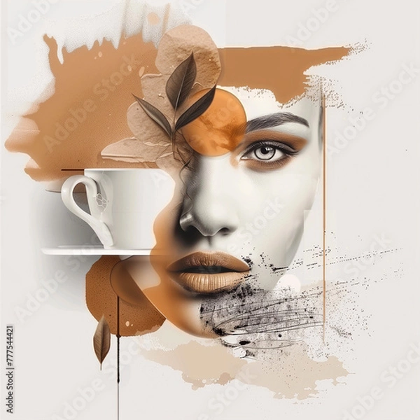 Obraz Abstract portrait of a beautiful woman with coffee cup and leafs on grunge background