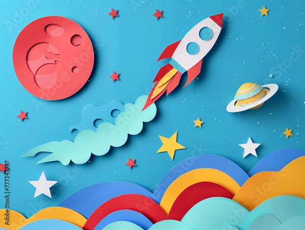 Fototapeta A paper rocket flies through the sky, high above a cloud. Paper cut art style. 