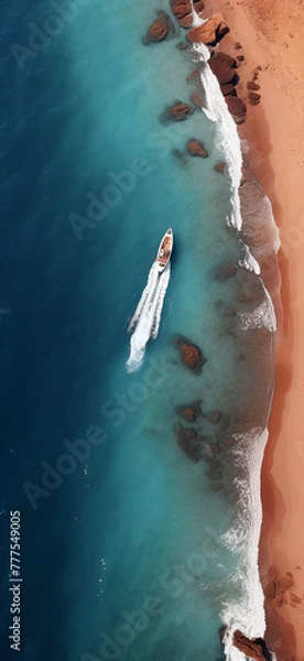 Fototapeta Coastal Journey: Aerial Photography of Small Boat Exploring the Coast