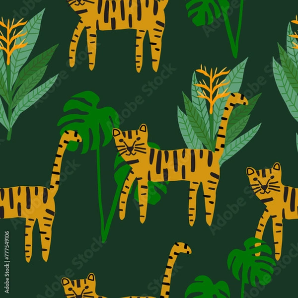 Obraz Seamless tiger pattern with leaves in the Amazon forest. There are montera and heliconia on a green background, used for wallpaper, textiles and prints.