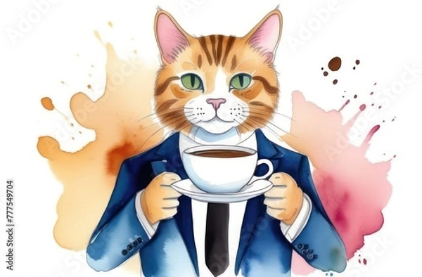 Fototapeta watercolor drawing of a cat with a cup of coffee in its paws and in a business suit 