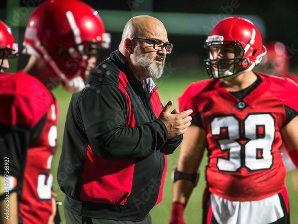Fototapeta High school football coach in the US motivating team with strategy talk.