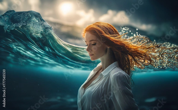 Fototapeta Girl Plaing under water smiling with open eyes waves and sun flares on the beachunderwater life