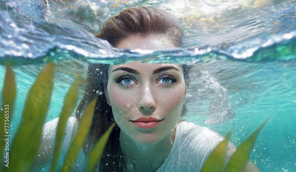 Fototapeta Girl Plaing under water smiling with open eyes waves and sun flares on the beachunderwater life