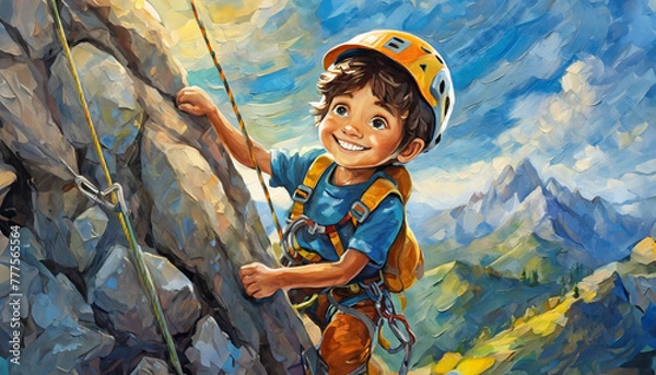 Fototapeta kid climing rocks, illustration look smiling, day exterior