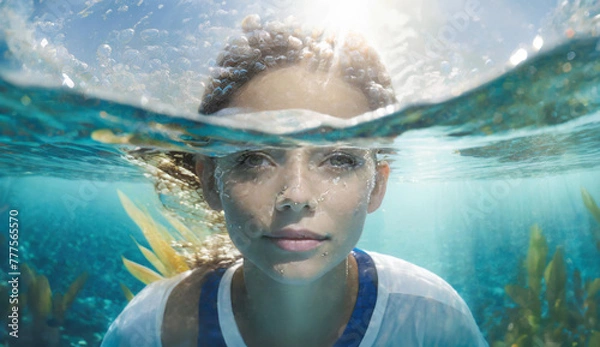 Fototapeta Girl Plaing under water smiling with open eyes waves and sun flares on the beachunderwater life